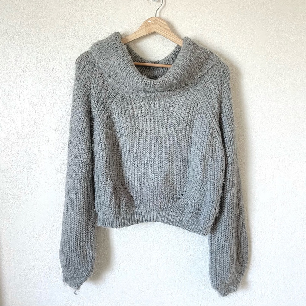Main Strip Eyelash Knit Cowl Neck Grey Sweater